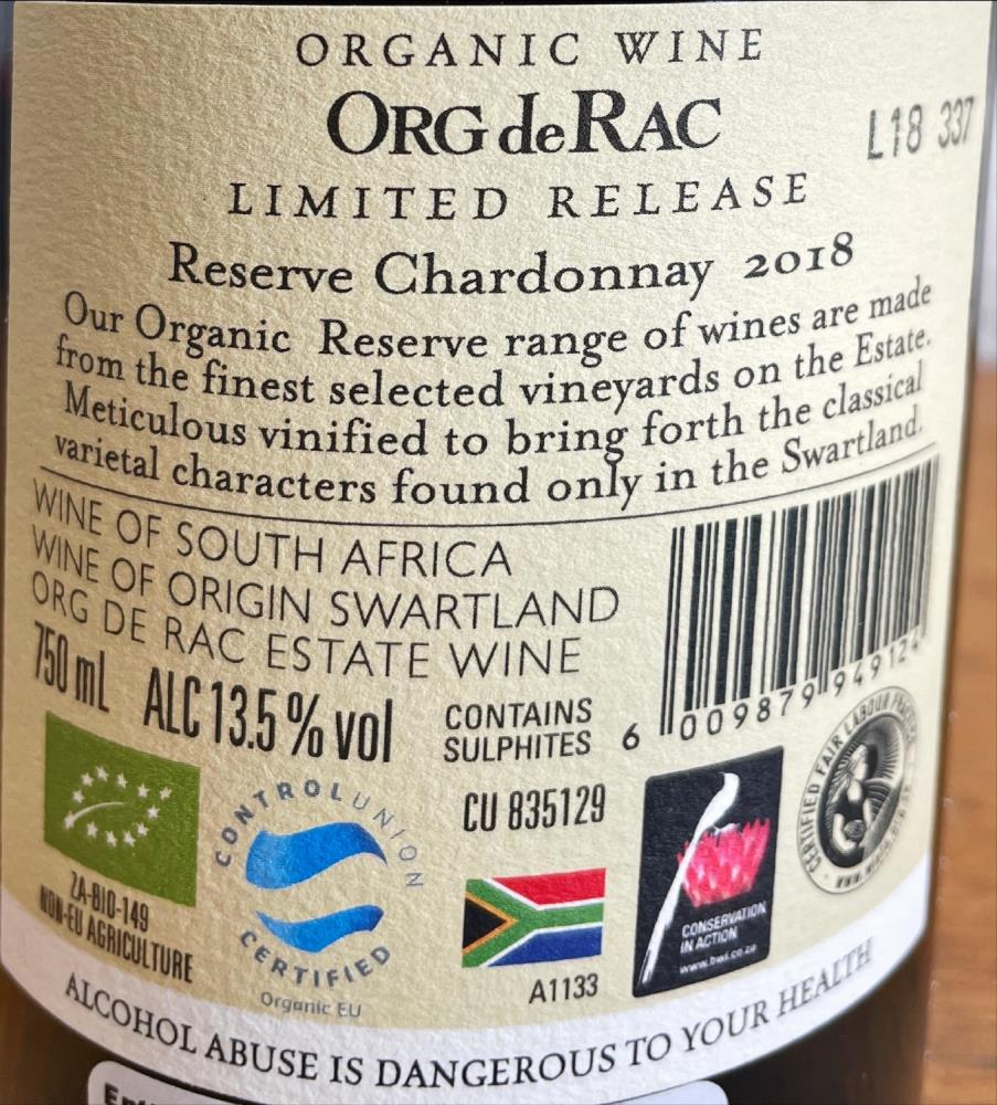 18 Chardonnay Reserve,  ORG DE RAC organic wines
